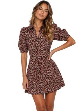 HYACINTH HOUSE Floral Corduroy Mini Dress XS Puff Sleeve Zip A-Line Brown Red